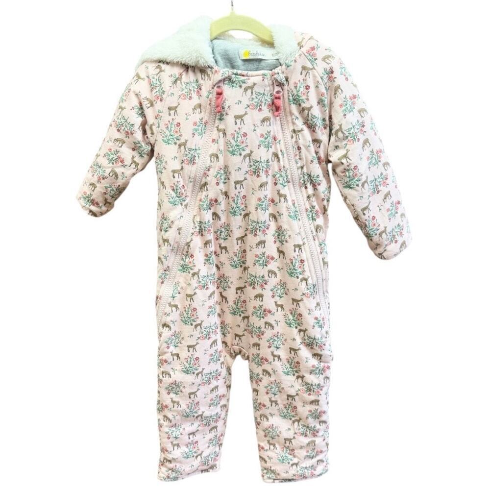 Baby Boden Hooded Snowsuit 18–24M Pink Deer Floral Sherpa Lined.
